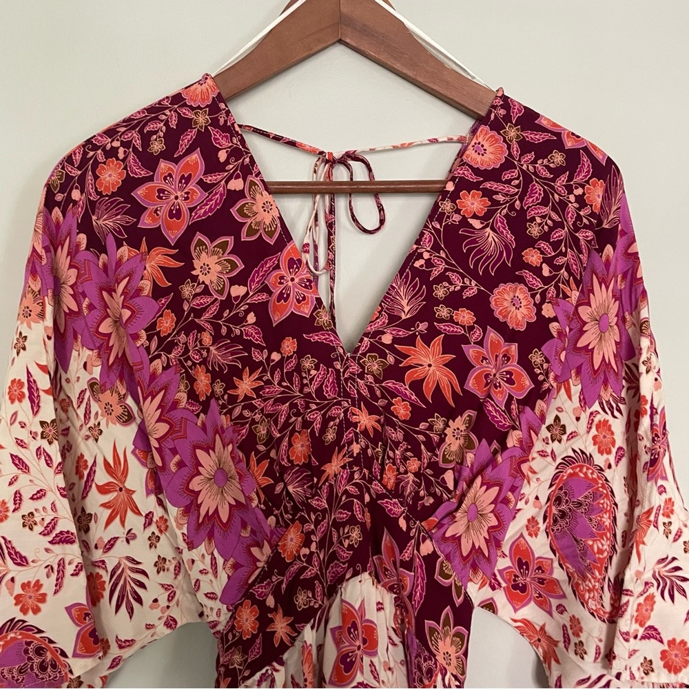 ANTHROPOLOGIE AAKAA Floral V-Neck Kimono Babydoll Mini Dress Pink Red Boho, M - Picture 8 of 17